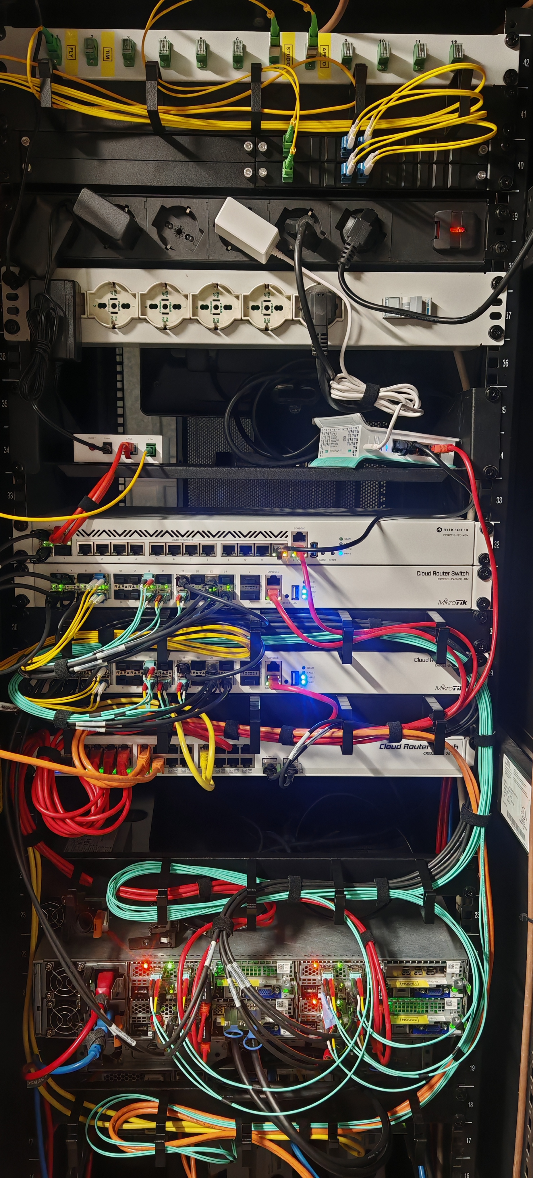 The Garage Datacenter™ — a rack full of MikroTik gear, patch panels, and questionable cable management